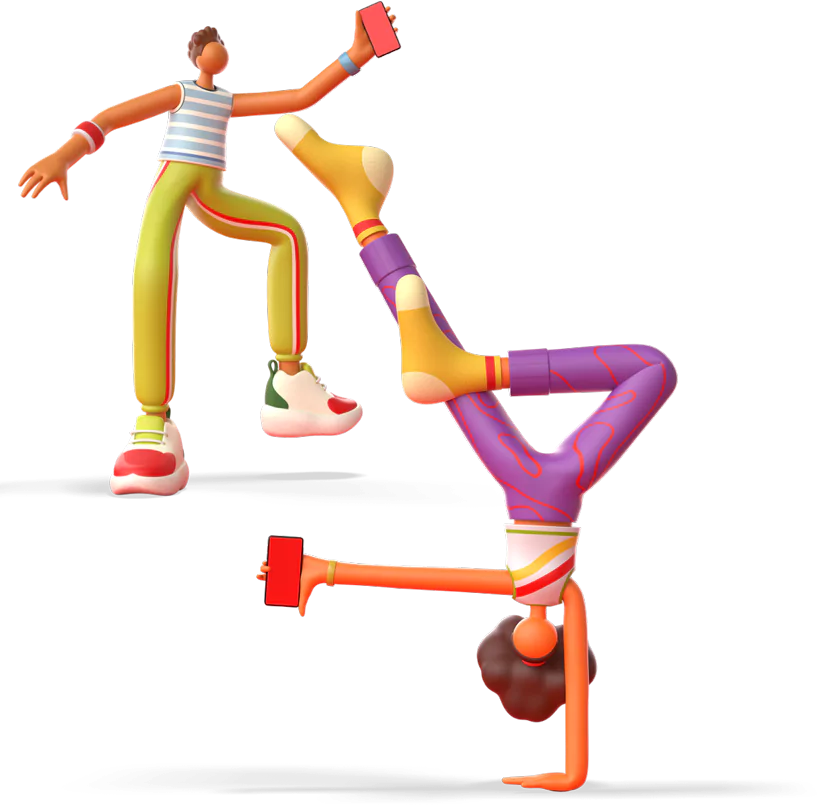 Two cartoon characters holding their phones. One's doing a handstand and the other might be dancing.